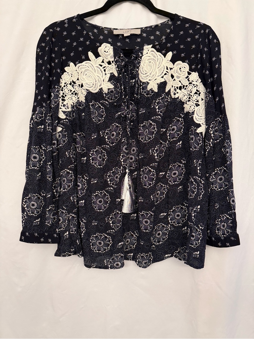 LOFT Navy Floral Lace-Trim Peasant Top Size S